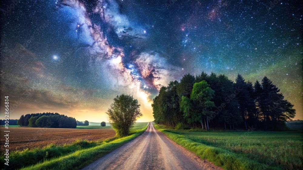 Naklejka premium Country road leading through fields to forest under starry sky with Milky Way overhead, panorama, country road, fields