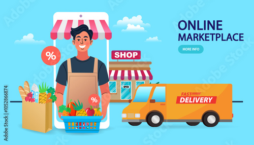 A banner template for an online marketplace. A friendly grocer emerges from a smartphone shop, holding fresh groceries. A delivery van and shop icon represent the e-commerce fulfillment .