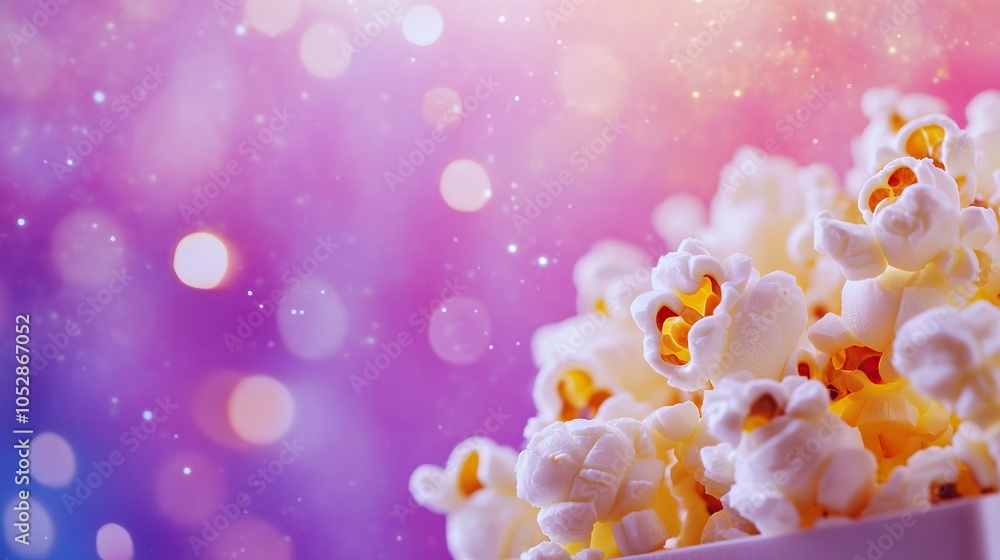 Close-up popcorn with bokeh lights background Close-up popcorn with bokeh lights background