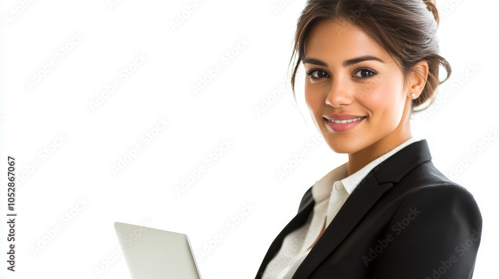 A young businesswoman, confidently holding a laptop and looking away with a smile A young businesswoman, confidently holding a laptop and looking away with a smile