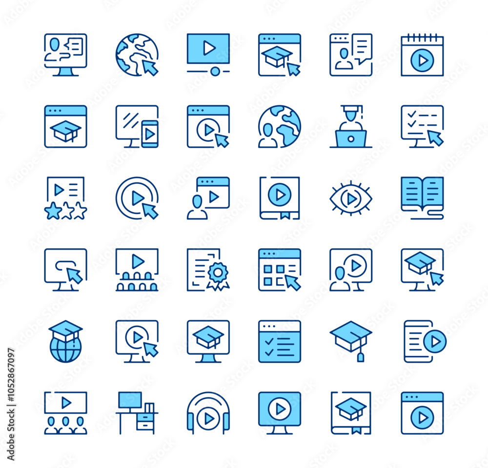 Video tutorials icons. Outline symbols. Vector blue line icons set Video tutorials icons. Outline symbols. Vector blue line icons set