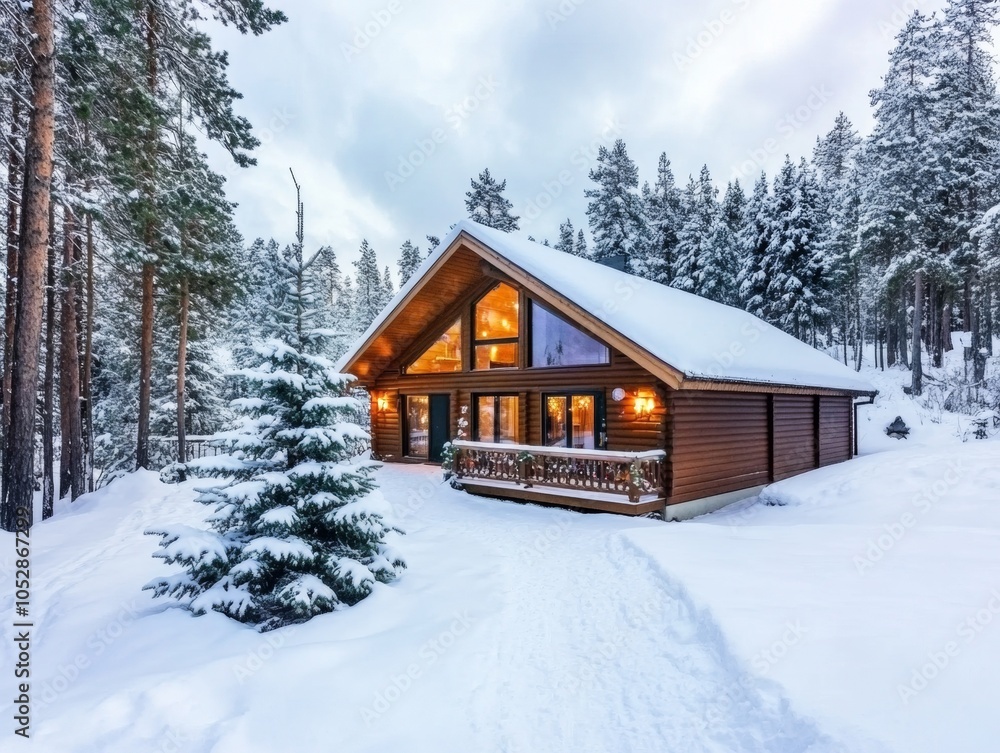 Snow-covered Christmas tree in a cozy American log cabin traditional ornaments Snow-covered Christmas tree in a cozy American log cabin traditional ornaments
