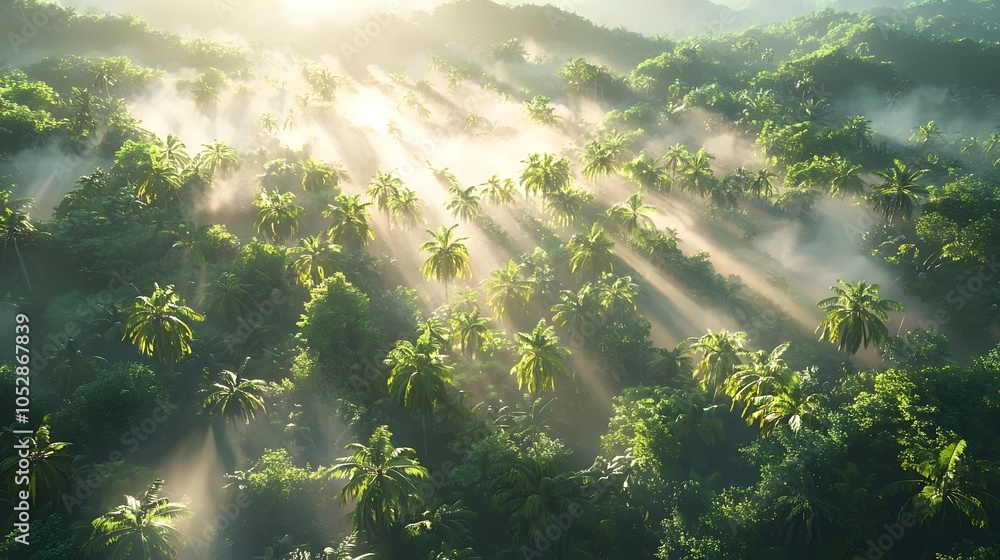 A breathtaking aerial view of a lush, tropical rainforest, featuring tall palm trees surrounded by misty rays of sunlight filtering through the dense foliage. A breathtaking aerial view of a lush, tropical rainforest, featuring tall palm trees surrounded by misty rays of sunlight filtering through the dense foliage.