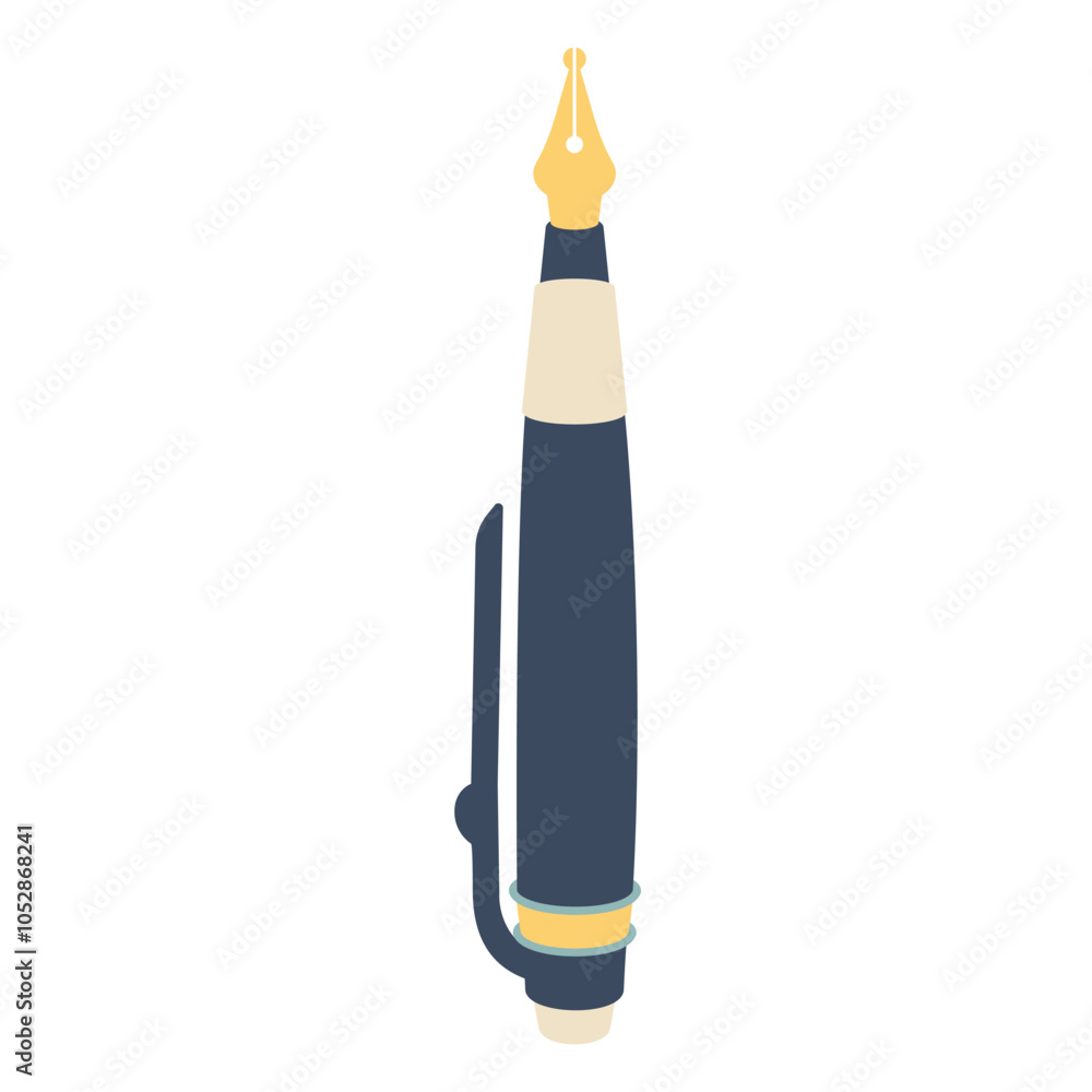 Gold nibbed fountain pen. Ink pen with golden tip closeup. Vintage male pen isolated. School element, stationery subject, Office supplie. Vector flat illustration for art, calligraphy, scool concept Gold nibbed fountain pen. Ink pen with golden tip closeup. Vintage male pen isolated. School element, stationery subject, Office supplie. Vector flat illustration for art, calligraphy, scool concept
