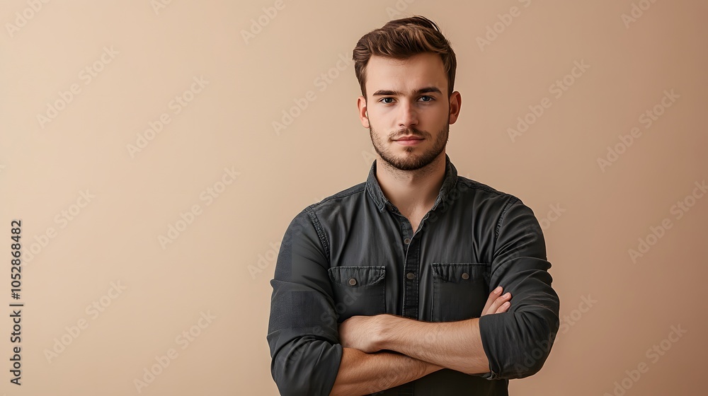 Obraz premium Caucasian handsome man isolated on beige background keeping the arms crossed in frontal position. 
