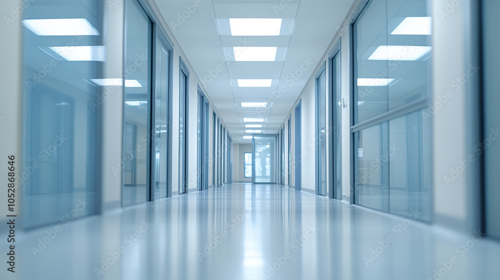 Blurred modern glass corridor in a business center, the interior of an office building with white walls and blue lights Blurred modern glass corridor in a business center, the interior of an office building with white walls and blue lights