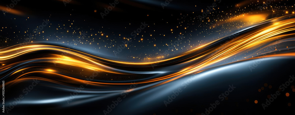 Obraz premium A vibrant, abstract wave of golden and silver light flowing across a dark background, creating an energetic and dynamic visual effect.