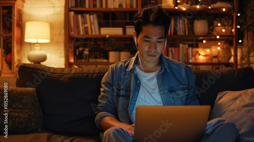 Young Man Working on Laptop in Cozy, Dimly Lit Living Room