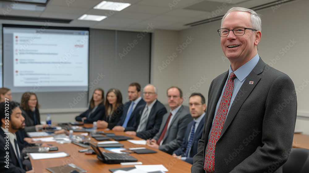 Confident Leadership in a Boardroom Setting: A seasoned executive stands confidently at the head of a conference table, surrounded by his team during a meeting. The image exudes professionalism. Confident Leadership in a Boardroom Setting: A seasoned executive stands confidently at the head of a conference table, surrounded by his team during a meeting. The image exudes professionalism.