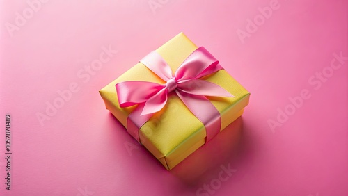 Beautifully wrapped yellow gift box with pink ribbon, tulips on soft pink background for special occasions