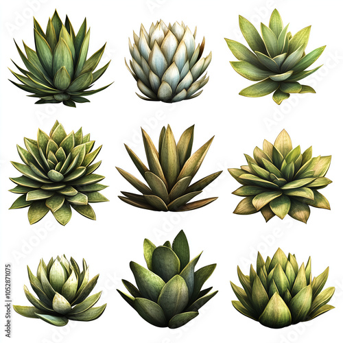 set of agaves with on white background