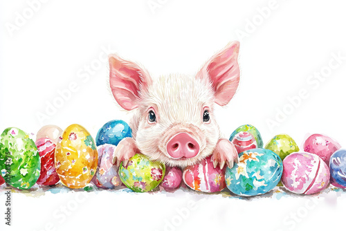 A cute piglet peeks over colorful Easter eggs, creating a whimsical and festive spring scene.