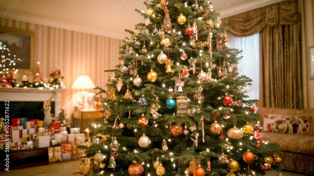 Traditional family decorating their Christmas tree with heirloom American ornaments Traditional family decorating their Christmas tree with heirloom American ornaments