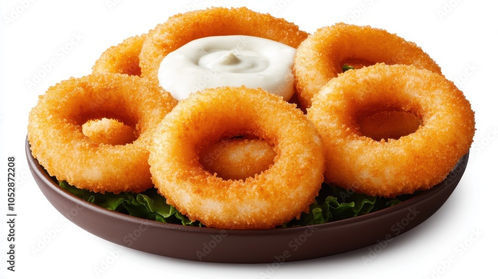 Golden-brown onion rings are beautifully arranged in a rustic bowl, resting on fresh lettuce. A creamy dipping sauce adds elegance, making it ideal for food marketing and menus. Golden-brown onion rings are beautifully arranged in a rustic bowl, resting on fresh lettuce. A creamy dipping sauce adds elegance, making it ideal for food marketing and menus.