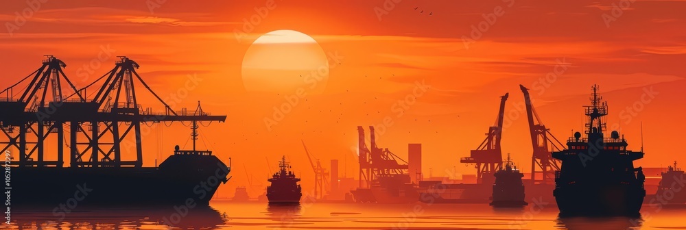 Silhouettes of ships at a dock, with a sunset in the background. Silhouettes of ships at a dock, with a sunset in the background.
