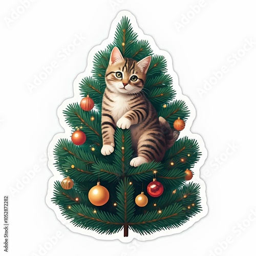 Christmas tree sticker funny cute cat climbing up it ornaments white background graphic resource