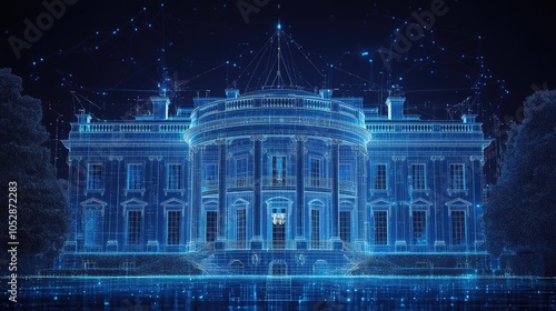The White House rendered in a digital, wireframe style, with glowing blue lines and a futuristic aesthetic.