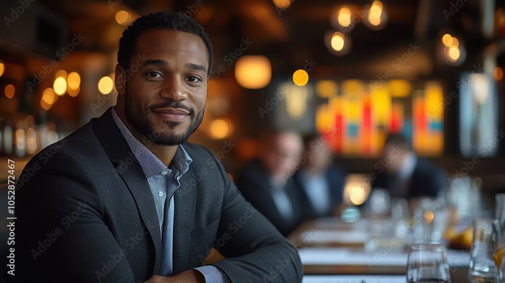 Fototapeta premium Confident Man in a Suit Posing in a Restaurant Setting
