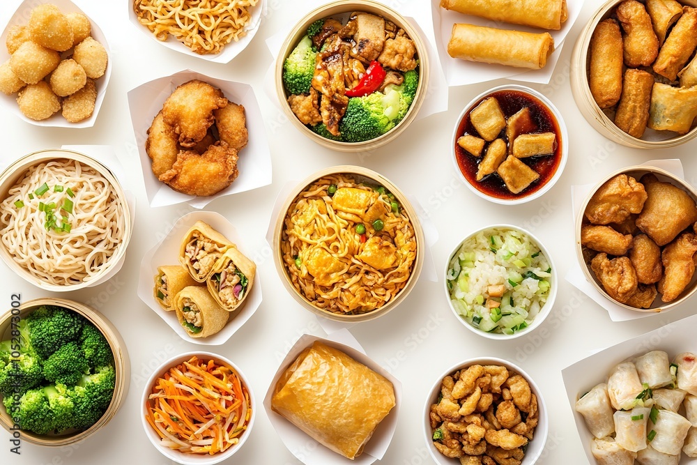 A top-down view of a selection of delicious Chinese dishes. A top-down view of a selection of delicious Chinese dishes.