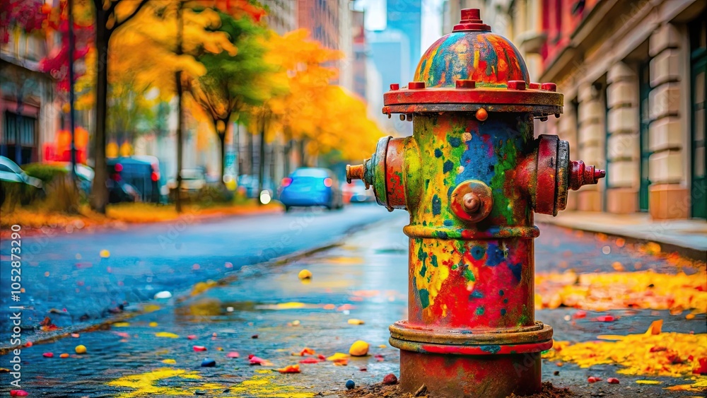 Fire hydrant with colorful paint splattered on it, graffiti, vandalism, urban, street art, city Fire hydrant with colorful paint splattered on it, graffiti, vandalism, urban, street art, city