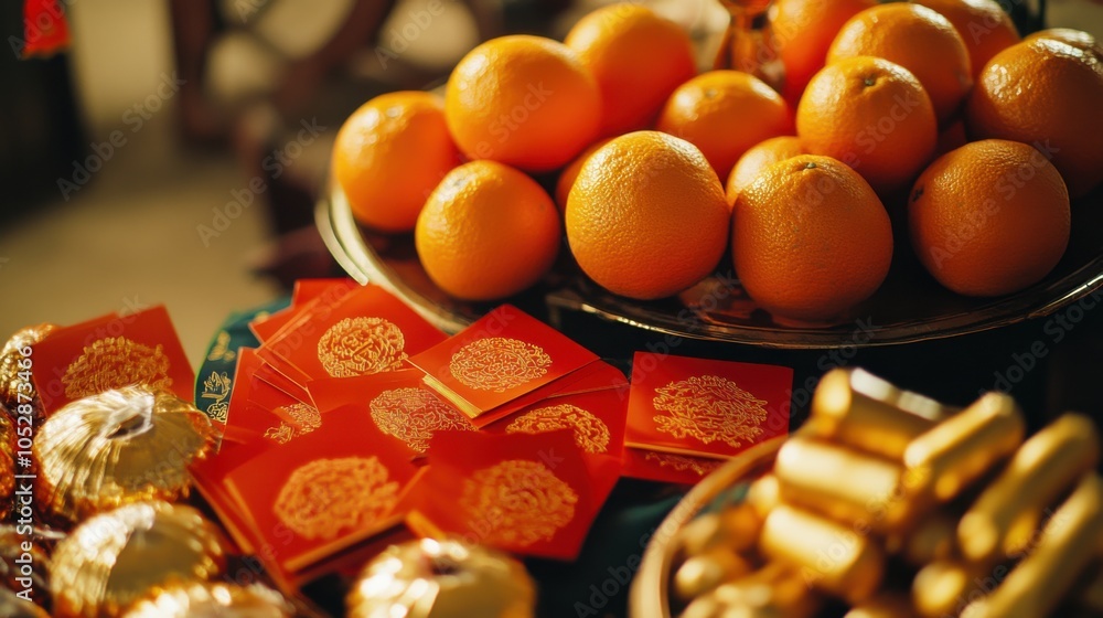 Good luck symbols for Chinese New Year, red envelopes, oranges, and gold ingots arranged on a table, focus on prosperity and fortune, suitable for stock photography, Good luck symbols for Chinese New Year, red envelopes, oranges, and gold ingots arranged on a table, focus on prosperity and fortune, suitable for stock photography,