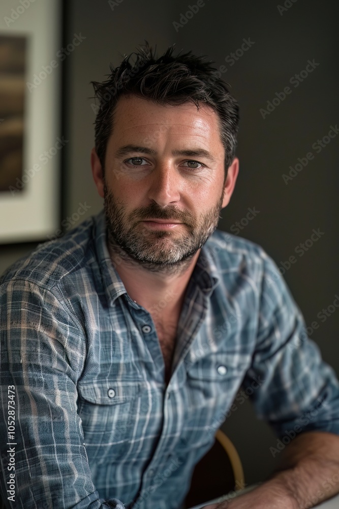 Obraz premium A close-up portrait of a mature man with a well-groomed beard, dressed in a casual plaid shirt.