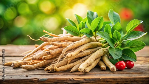 Close up of fresh ashwagandha root with green leaves in the background, ashwagandha, root