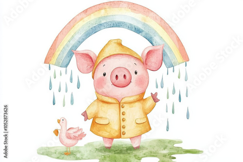 A cheerful pig in a bright yellow raincoat stands under a rainbow, accompanied by a duck, creating a whimsical and playful atmosphere.