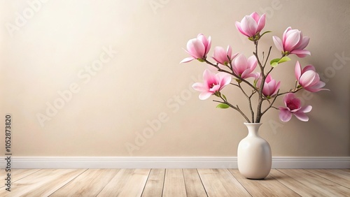 Wallpaper Mural Pink magnolia flowers in white vase on wooden floor against empty light pastel wall background mockup with copy space Low Angle Torontodigital.ca
