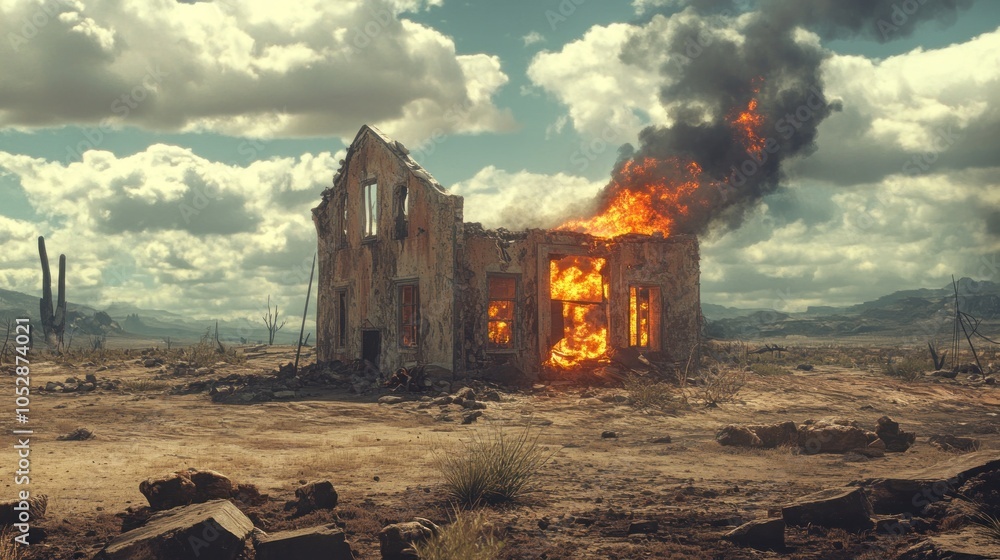A burning abandoned house in the desert with smoke rising into the sky. A burning abandoned house in the desert with smoke rising into the sky.