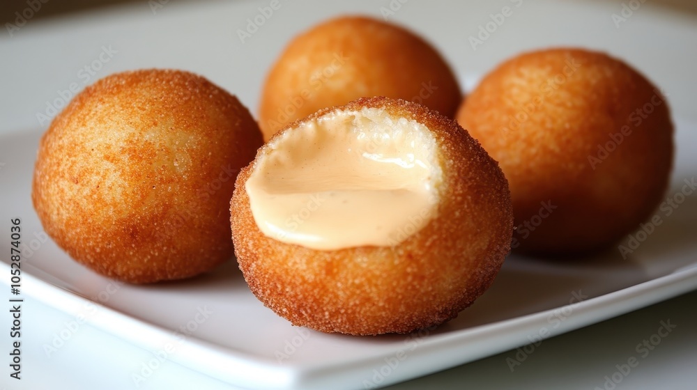 Golden fried balls with a creamy cheese filling displayed on a white plate, showcasing a crispy texture with a warm, inviting melted center, perfect for a delicious snack. Golden fried balls with a creamy cheese filling displayed on a white plate, showcasing a crispy texture with a warm, inviting melted center, perfect for a delicious snack.