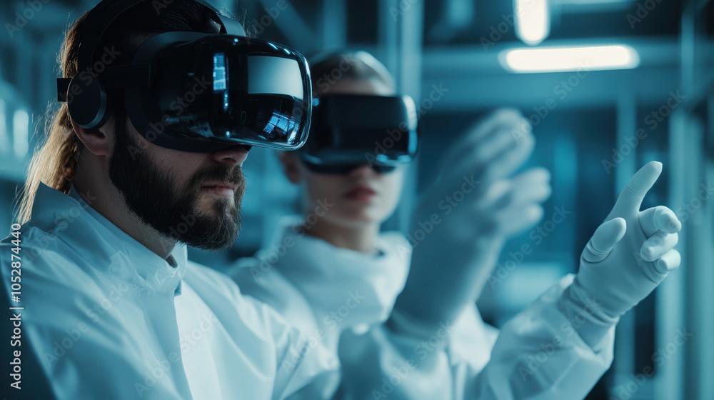 A two individuals in a modern lab, immersed in virtual reality. One wears a headset, while the other, in a lab coat, gestures in collaboration. A two individuals in a modern lab, immersed in virtual reality. One wears a headset, while the other, in a lab coat, gestures in collaboration.