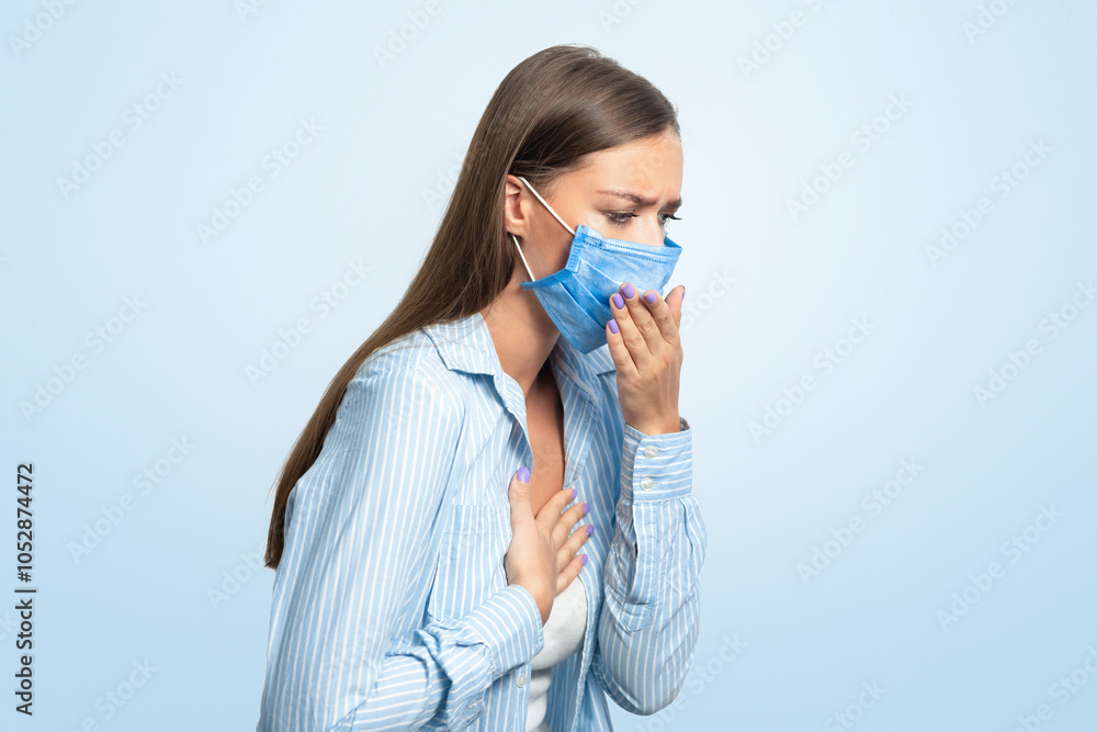 Coronavirus Pneumonia. Sick Woman Coughing Having Breathing Difficulty Standing On White Studio Background, Wearing Medical Mask. Coronavirus Pneumonia. Sick Woman Coughing Having Breathing Difficulty Standing On White Studio Background, Wearing Medical Mask.