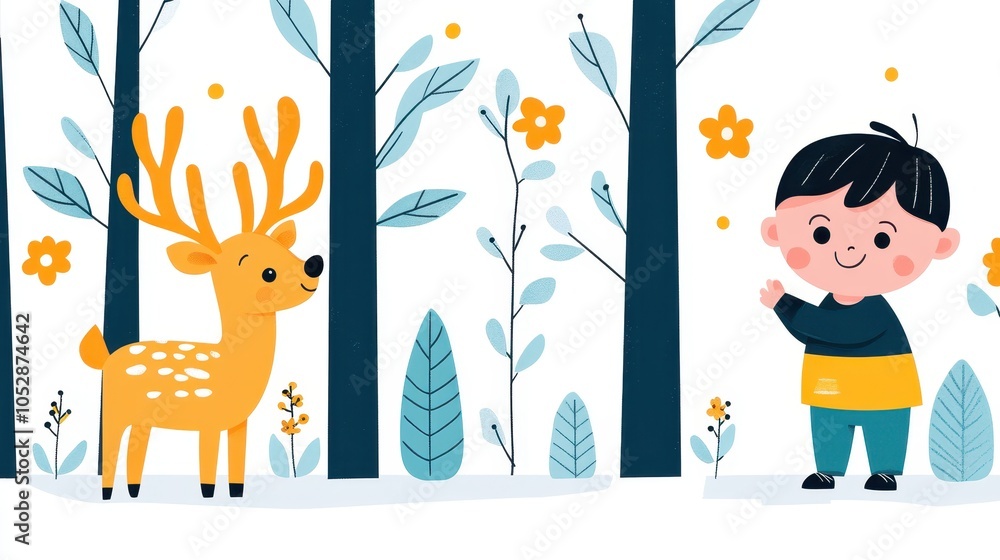 Naklejka premium A vibrant illustration showcases a playful scene in a whimsical forest. A cheerful boy in blue and green invites interaction alongside a friendly, orange-furred deer amidst lush trees and flowers.