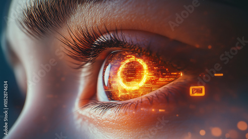 Close up of eye with glowing iris. Concept of face id and artificial intelligence. photo