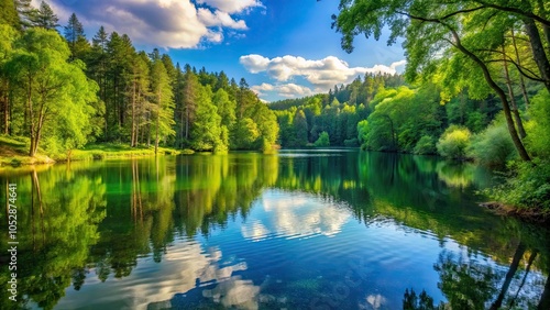 Serene lake nestled in the heart of a lush forest, tranquil, serene, nature, wilderness, landscape, scenery, trees, reflection