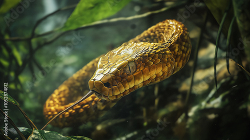 Golden Lancehead Viper Emerging from Thick Vines, Its Head Raised, Eyes Glinting in the Shadows of the Jungle photo