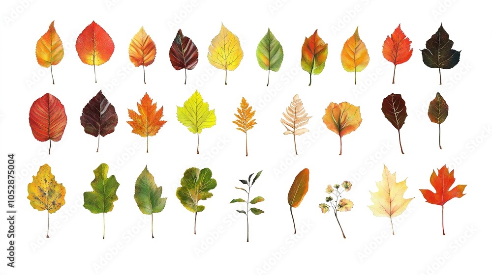 Obraz premium Diverse Collection of Autumn Leaves, Featuring a Variety of Shapes and Colors in Vector Illustration, Perfect for Seasonal Designs and Natural Themes on a Clean White Background