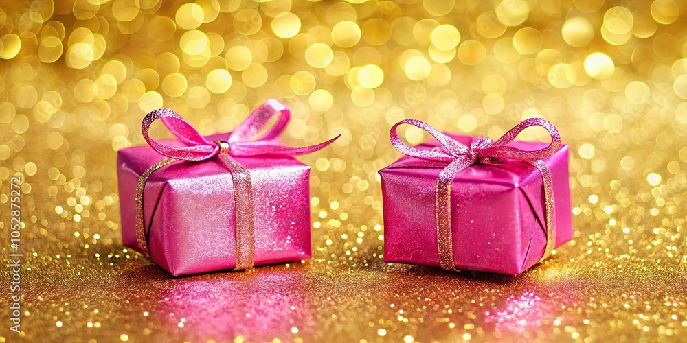Two elegant pink Christmas gifts on a shiny gold background, luxurious, presents, holiday, celebration, festive, glamour Two elegant pink Christmas gifts on a shiny gold background, luxurious, presents, holiday, celebration, festive, glamour