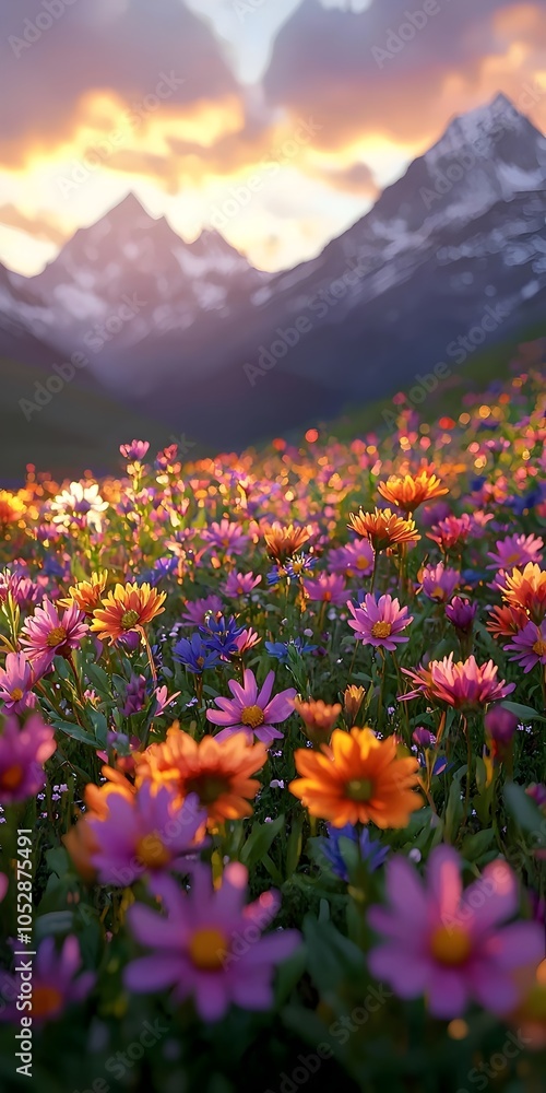 A stunning landscape filled with vibrant wildflowers in shades of pink, orange, and purple, set against a backdrop of majestic mountains during a golden sunset. A stunning landscape filled with vibrant wildflowers in shades of pink, orange, and purple, set against a backdrop of majestic mountains during a golden sunset.