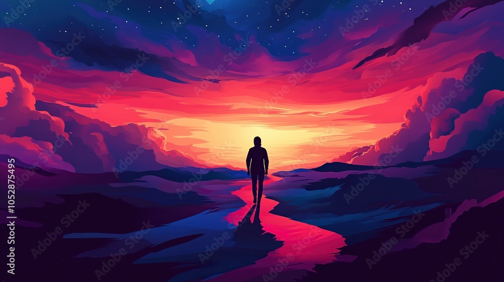 Obraz premium Solitary Figure Walking Towards the Horizon