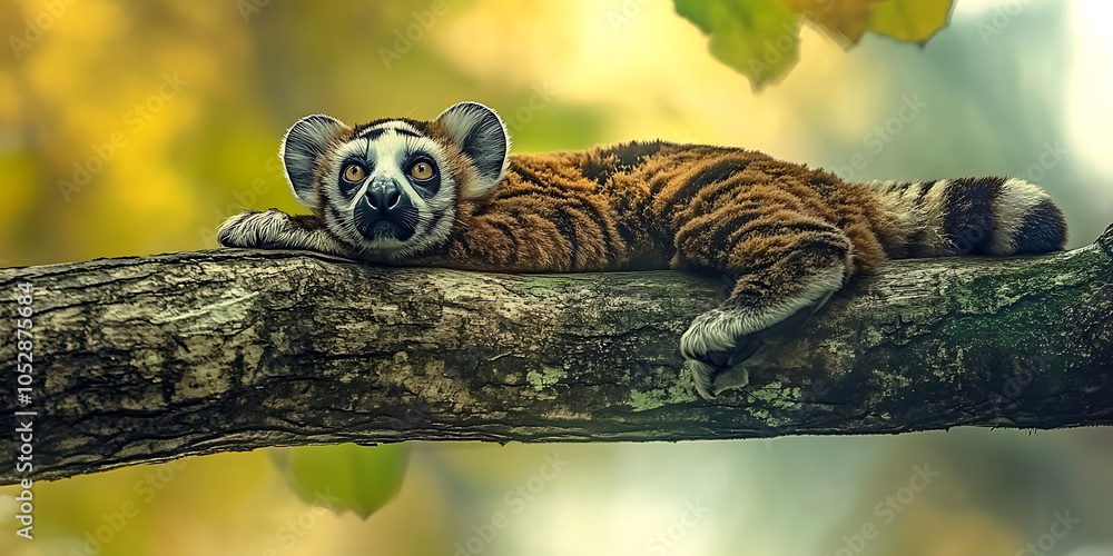 Naklejka premium Curious Lemur on Branch: A captivating image of a lemur perched on a sturdy tree branch, its eyes wide with curiosity and its body relaxed.