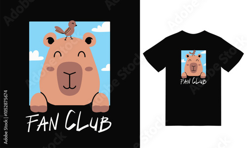 Cute capybara fan club illustration with tshirt design vector