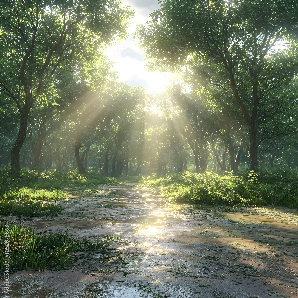 Obraz premium A serene forest scene featuring lush green trees illuminated by soft sunlight filtering through the foliage, creating a magical atmosphere over a tranquil pathway.
