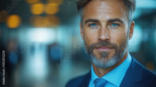 Close-up Portrait of a Confident Man with Blue Eyes and a Gray Beard