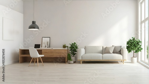 A minimalist living room with a sofa, desk, chair, and plants, lit by natural light. photo