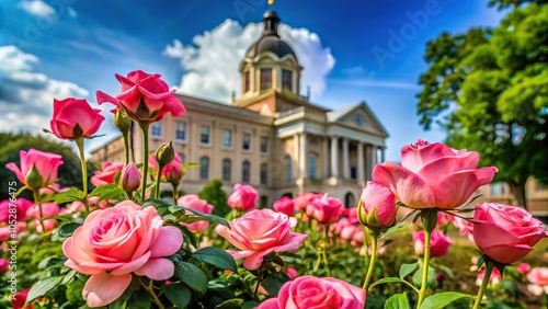 Pink roses with Smith County Courthouse Tyler TX in background panoramic view