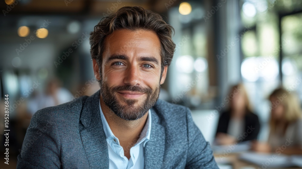 Portrait of a Smiling Man in a Grey Blazer, Sitting in a Modern Office Portrait of a Smiling Man in a Grey Blazer, Sitting in a Modern Office