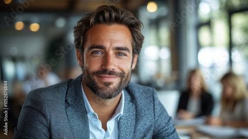 Portrait of a Smiling Man in a Grey Blazer, Sitting in a Modern Office