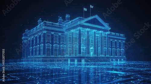 A digital rendering of a government building, rendered in a futuristic style.